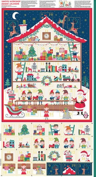 Santa's Workshop Christmas Fabric Advent Calendar Fabric Panel