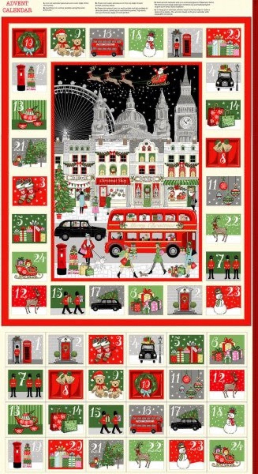 London Festive Christmas Advent Calendar Fabric Panel