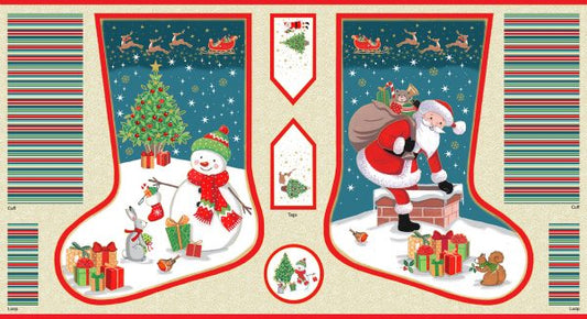 Santa & Snowman Festive Christmas Stocking Fabric Panel