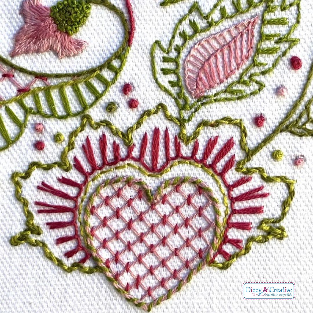 Crewel Heart Embroidery Project - using Crewel Work Embroidery Techniques - by Dizzy