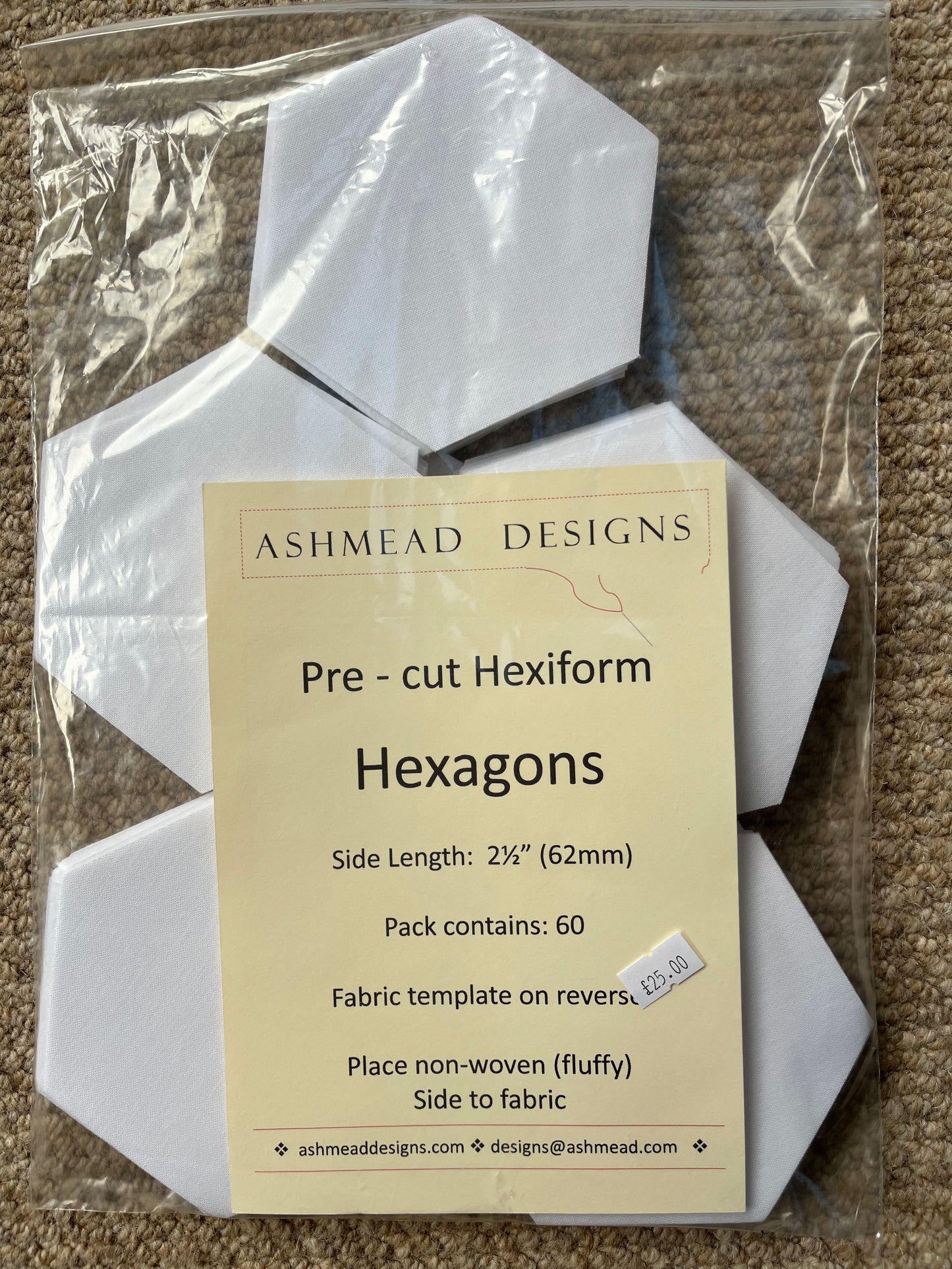 Pre Cut Quilting Hexiform Hexagons - Pack of 60 - 2.5 inch (62mm)