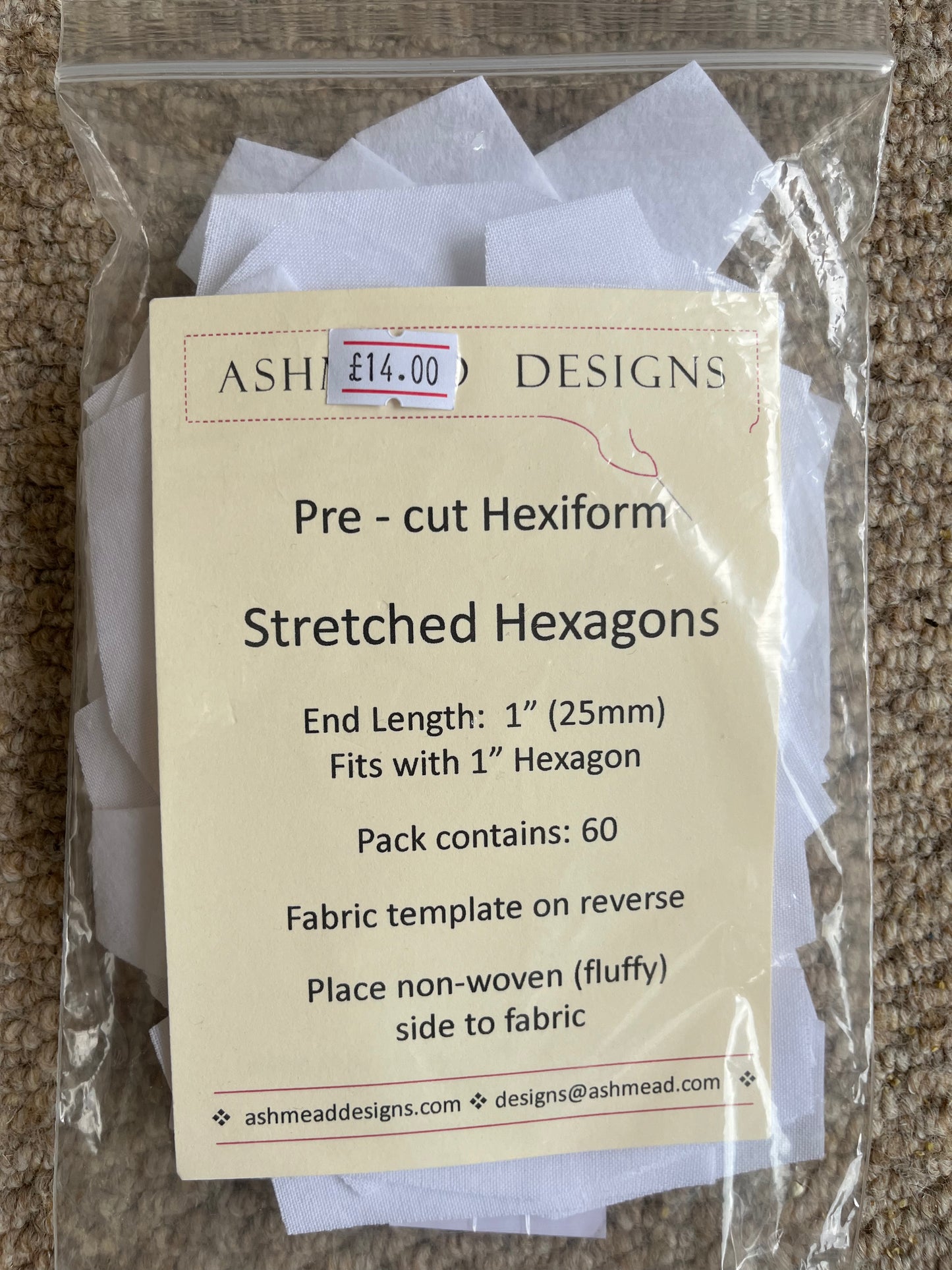 Pre Cut Quilting Hexiform Stretched Hexagons - Pack of 60 - 1 inch (25mm)