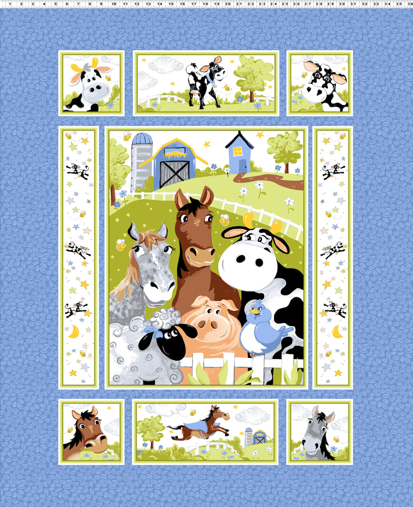 Blue Barnyard Buddies - Children's Fabric Cot Panel / Quilt Panel