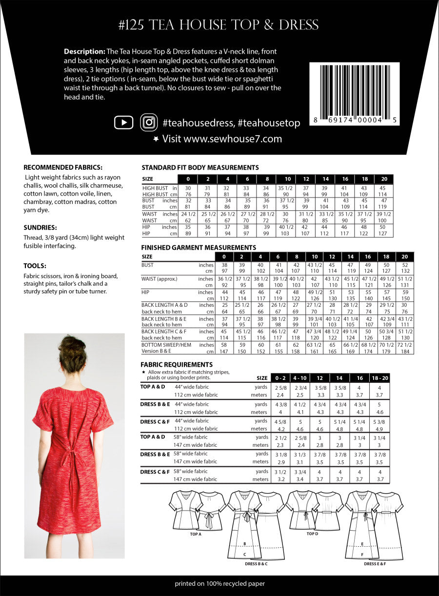 Tea House Top & Dress Pattern Size 00-20 by Sew House Seven