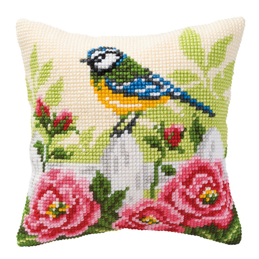 Blue Tit with Flowers Large Holed Cross Stitch Cushion Kit by Vervaco