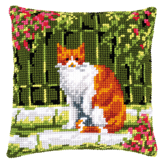 Ginger Cat with Flowers Large Holed Cushion Cross Stitch Kit by Vervaco