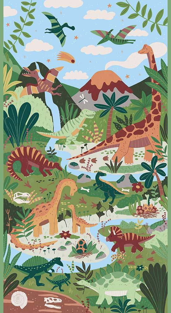 Prehistoric Dinosaurs - Children's Cot Panel / Quilt Panel / Fabric panel - by Makower