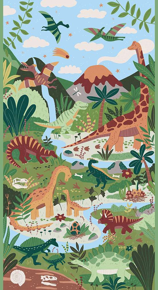 Prehistoric Dinosaurs - Children's Cot Panel / Quilt Panel / Fabric panel - by Makower