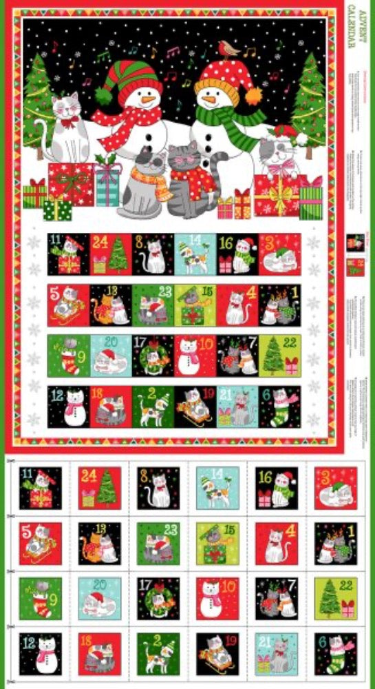 Cat Lovers Christmas Festive Advent Calendar Fabric Panel