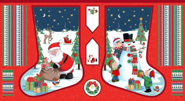 Santa & Snowman Christmas Stocking Fabric Panel