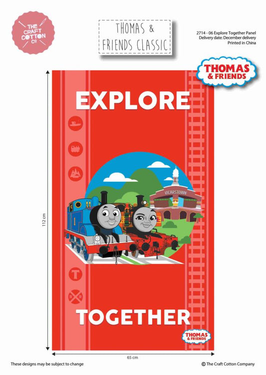 Thomas The Tank Engine Red Quilt Fabric Panel - Explore Together