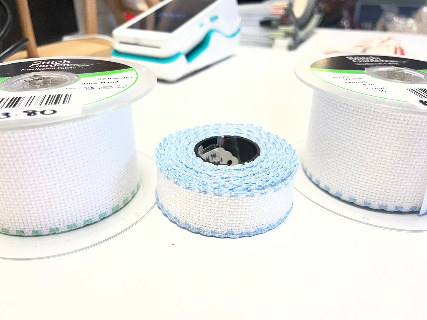 White Aida Band With Coloured Edging - Available By The Metre