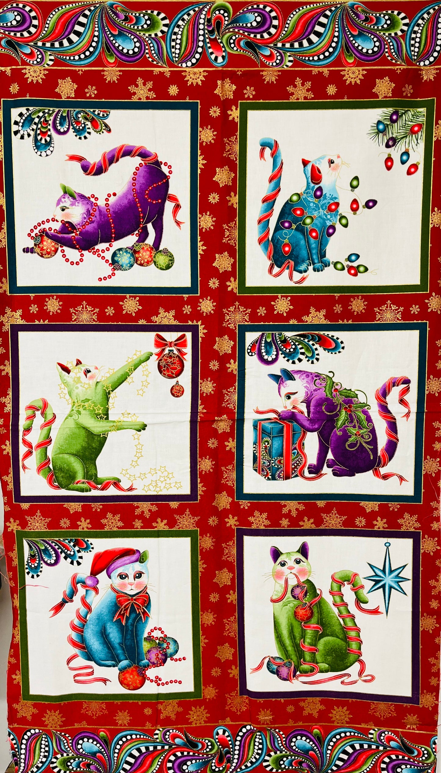 Arty Seasonal Cats Fabric Panel - Christmas Joy!