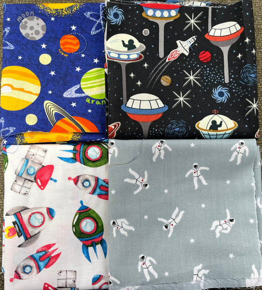 Space Adventures - Four Piece Fabric Fat Quarter Bundle - for Quilting, Crafting Project etc