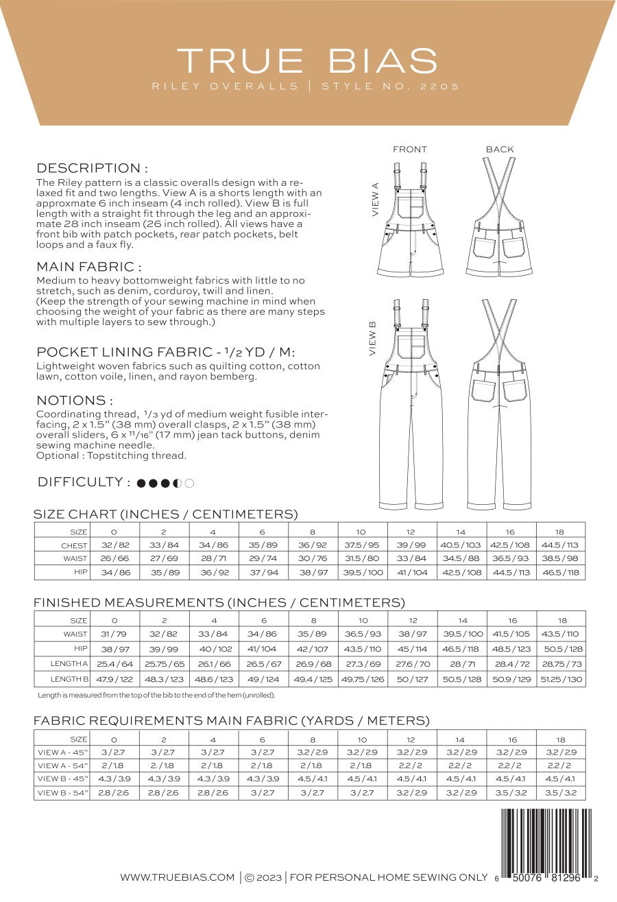 Riley Overall Pattern Size 0-18 By True Bias