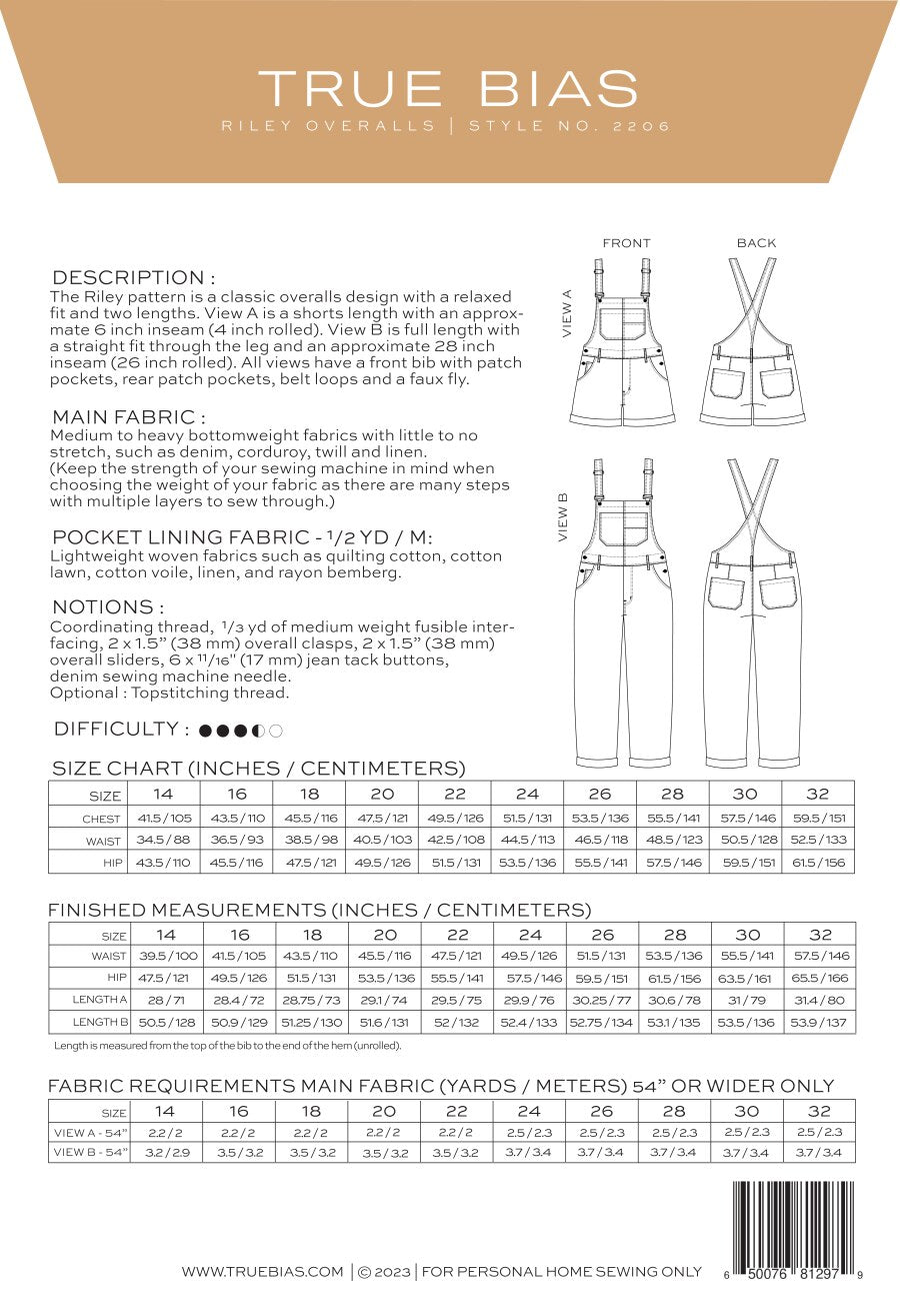 Riley Overall Pattern - Size 14-32 - By True Bias