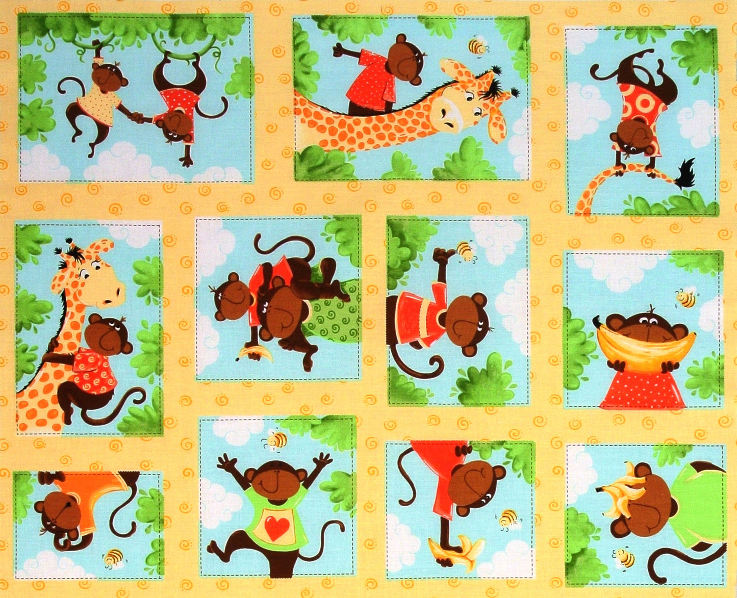 Happy Monkey & Giraffe Friends - Children's Fabric Cot /Quilt Panel